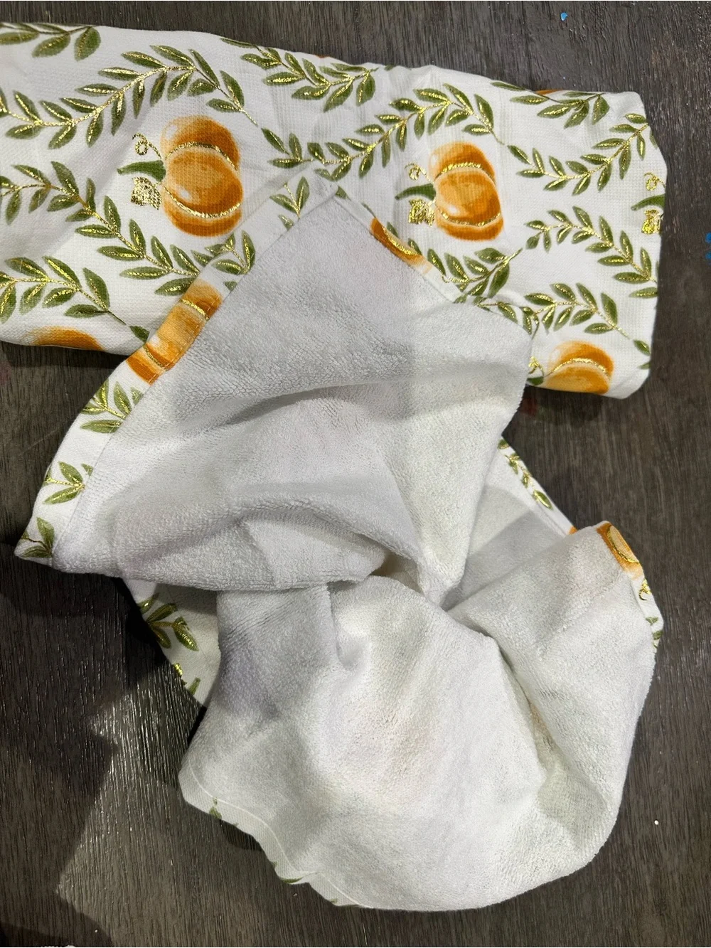 White Pumpkin Print Kitchen Towel with Gold Accents